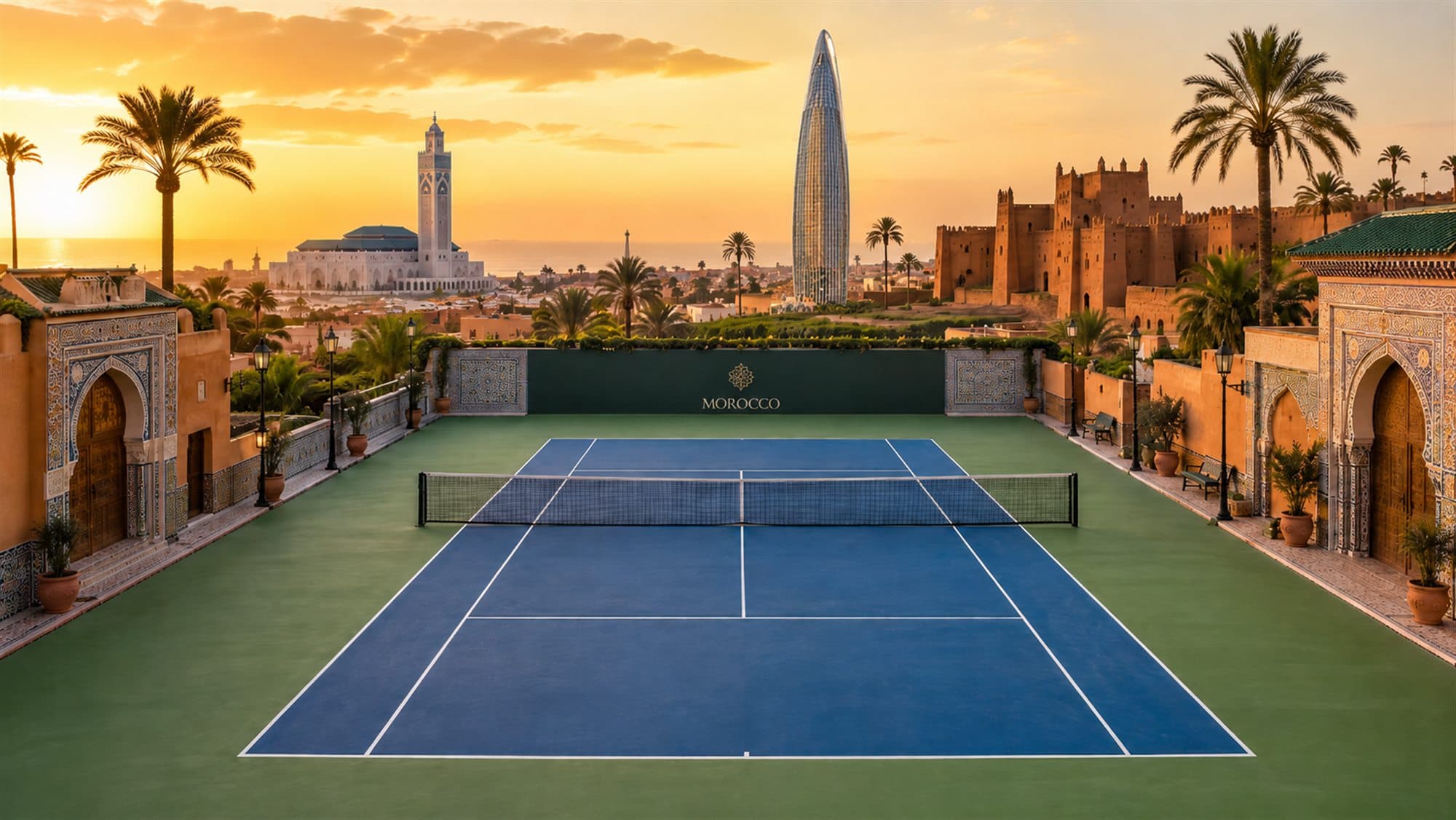 Court de tennis avec les monuments emblématiques du Maroc en arrière-plan